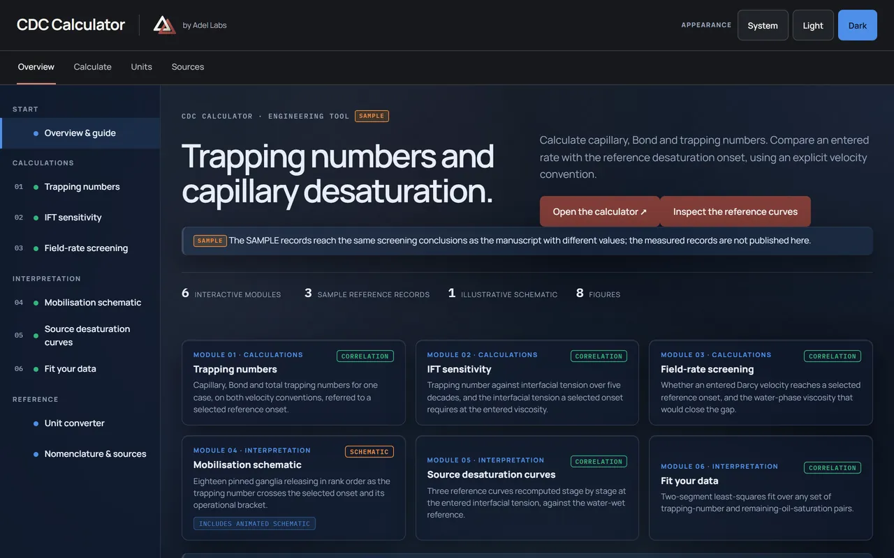 CDC Calculator opening page with the LINK header, trapping-number introduction and six calculation modules.