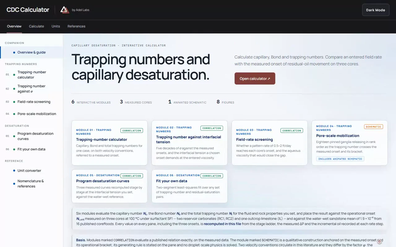 CDC Calculator opening page with the LINK header, trapping-number introduction and six calculation modules.