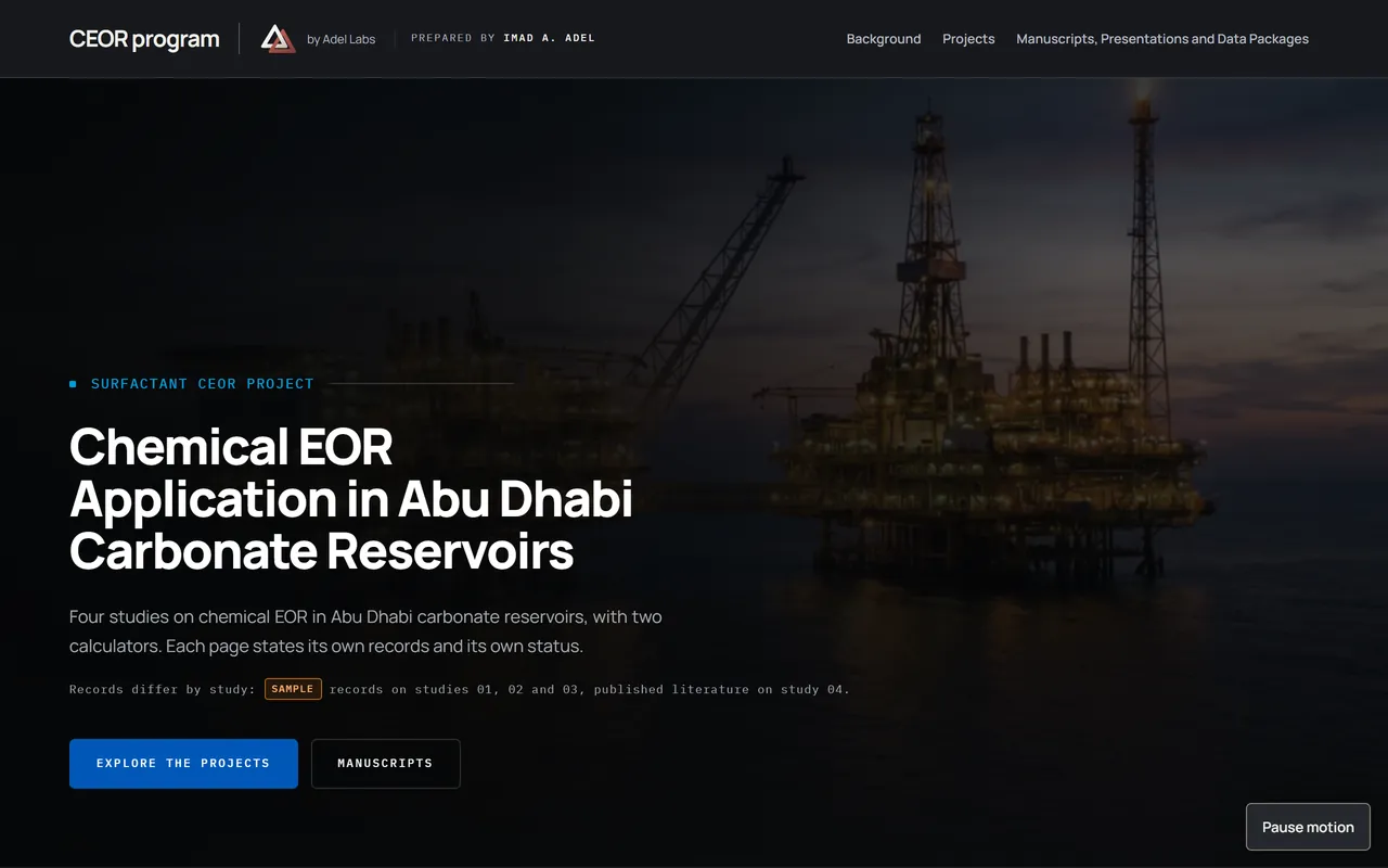 Surfactant CEOR Project opening page with an offshore-platform film and the carbonate-reservoir research introduction.