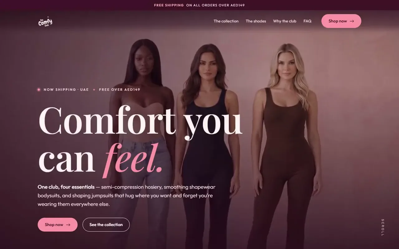 The Comfy Club storefront with three models, the opening headline and collection controls.