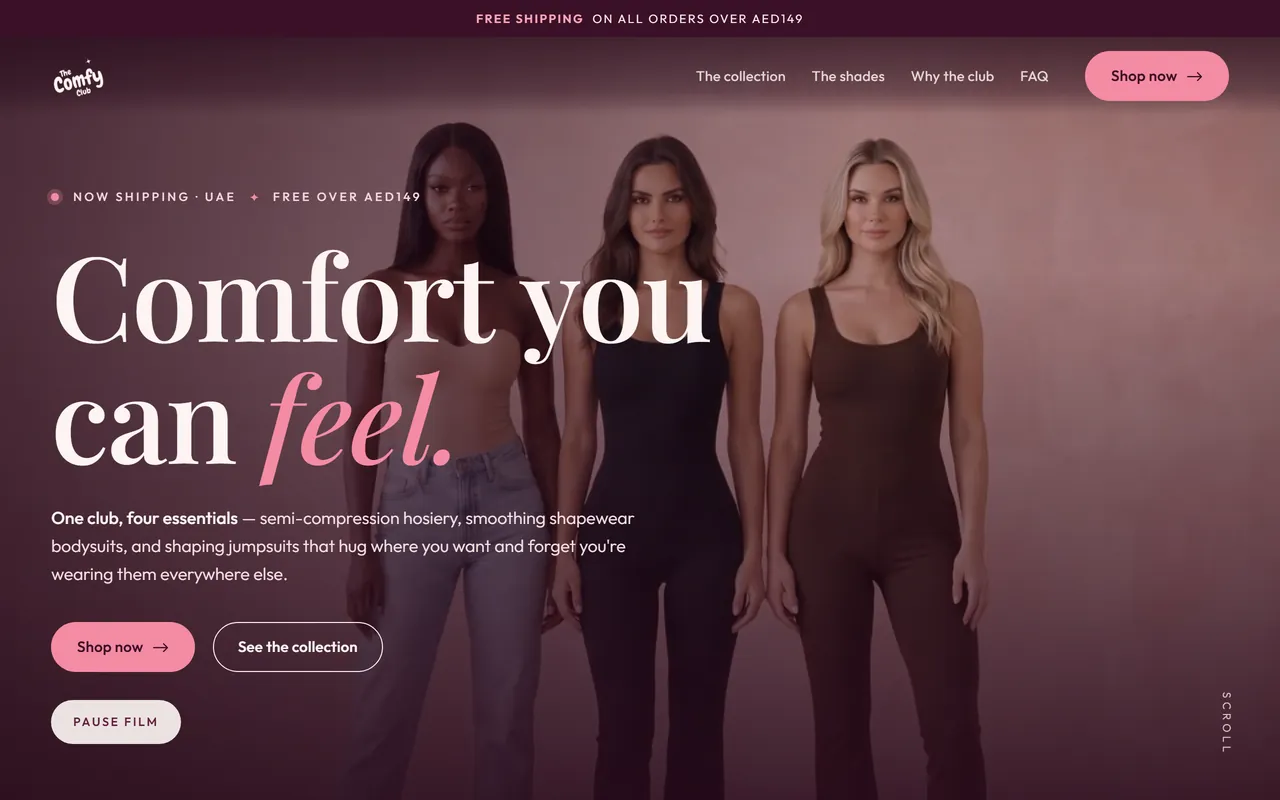 The Comfy Club storefront with three models, the opening headline and collection controls.