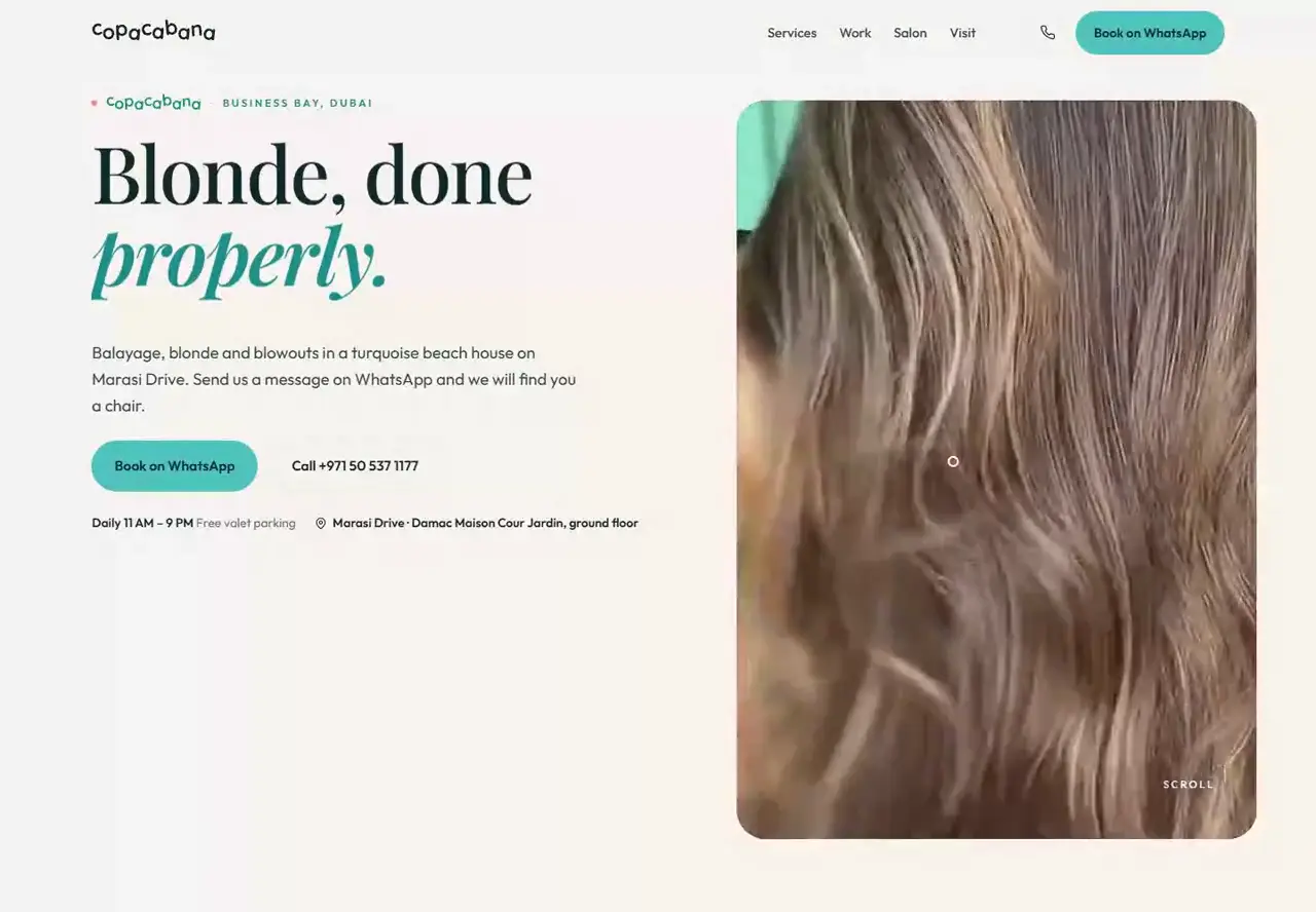 Copacabana salon website with a balayage film, booking action and opening service message.