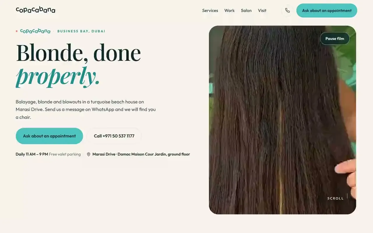 Copacabana salon website with a balayage film, booking action and opening service message.