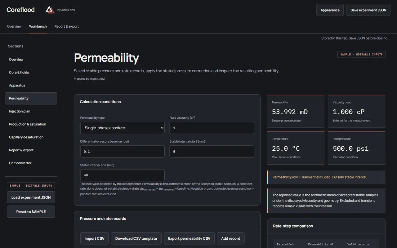 Coreflood opening page with the LINK header, experiment introduction and playing SAMPLE apparatus walkthrough.