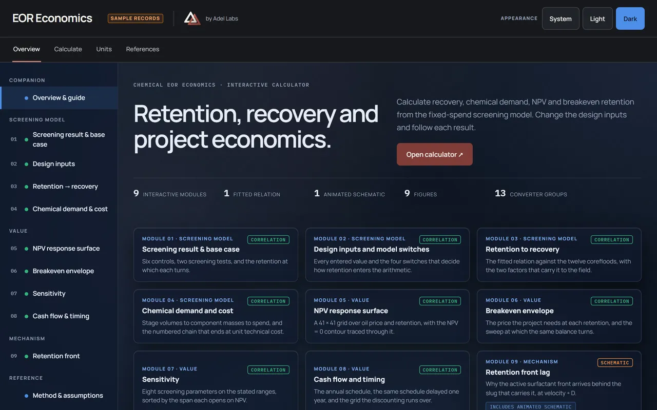 EOR Economics opening page with the LINK header, screening introduction and calculation modules.