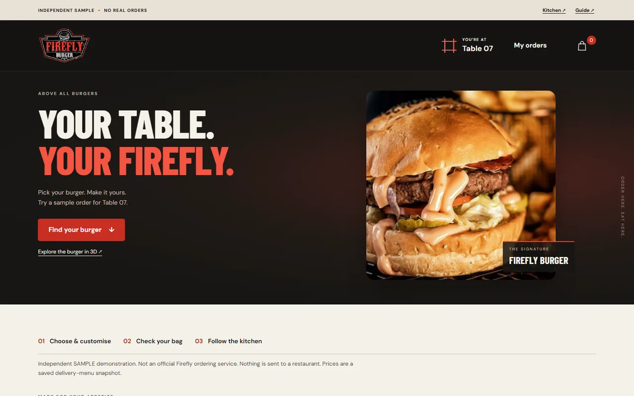 Firefly SAMPLE ordering opening screen with the independent-sample banner, table number and signature burger.