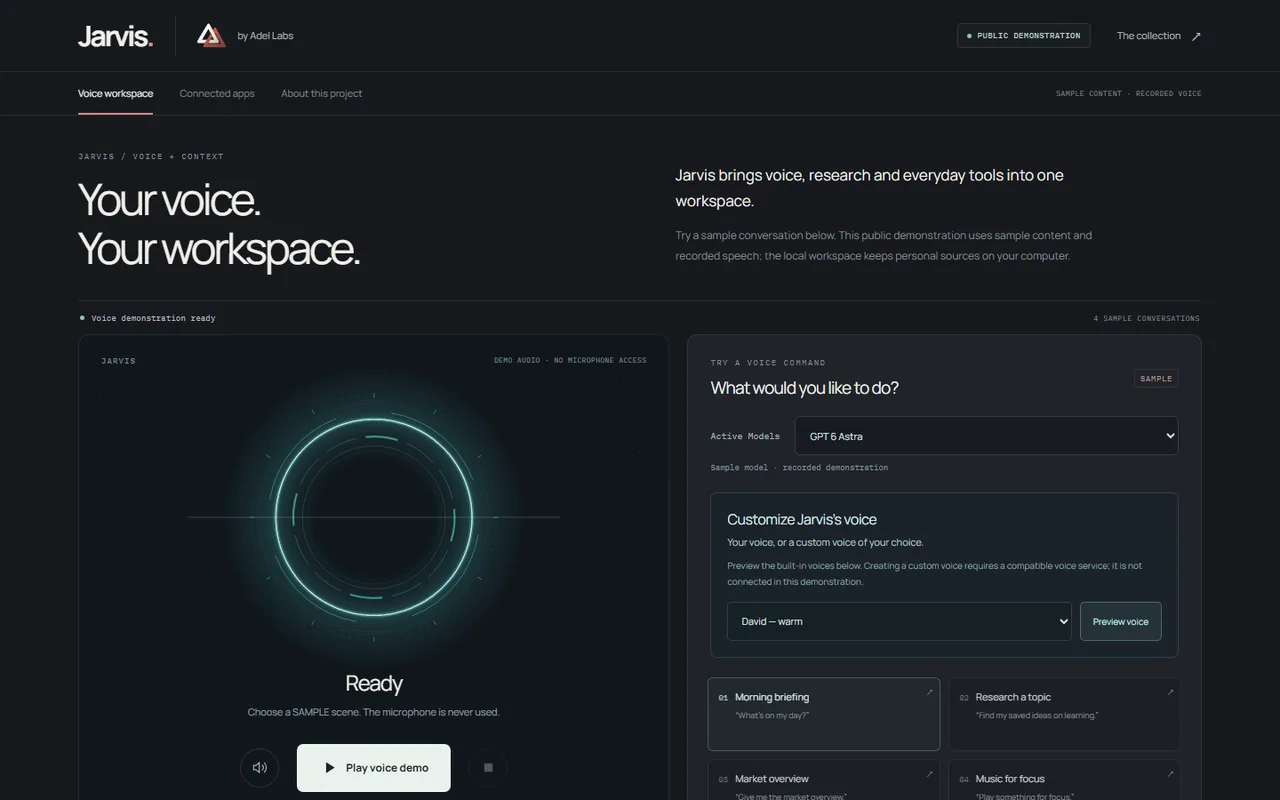 Jarvis SAMPLE voice workspace with the annular interface and app cards.