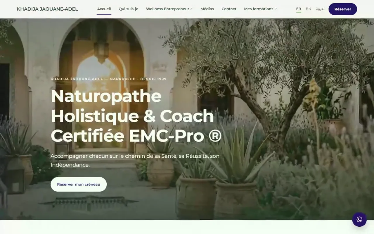 Khadija Jaouane-Adel website with its courtyard film, French introduction and appointment action.