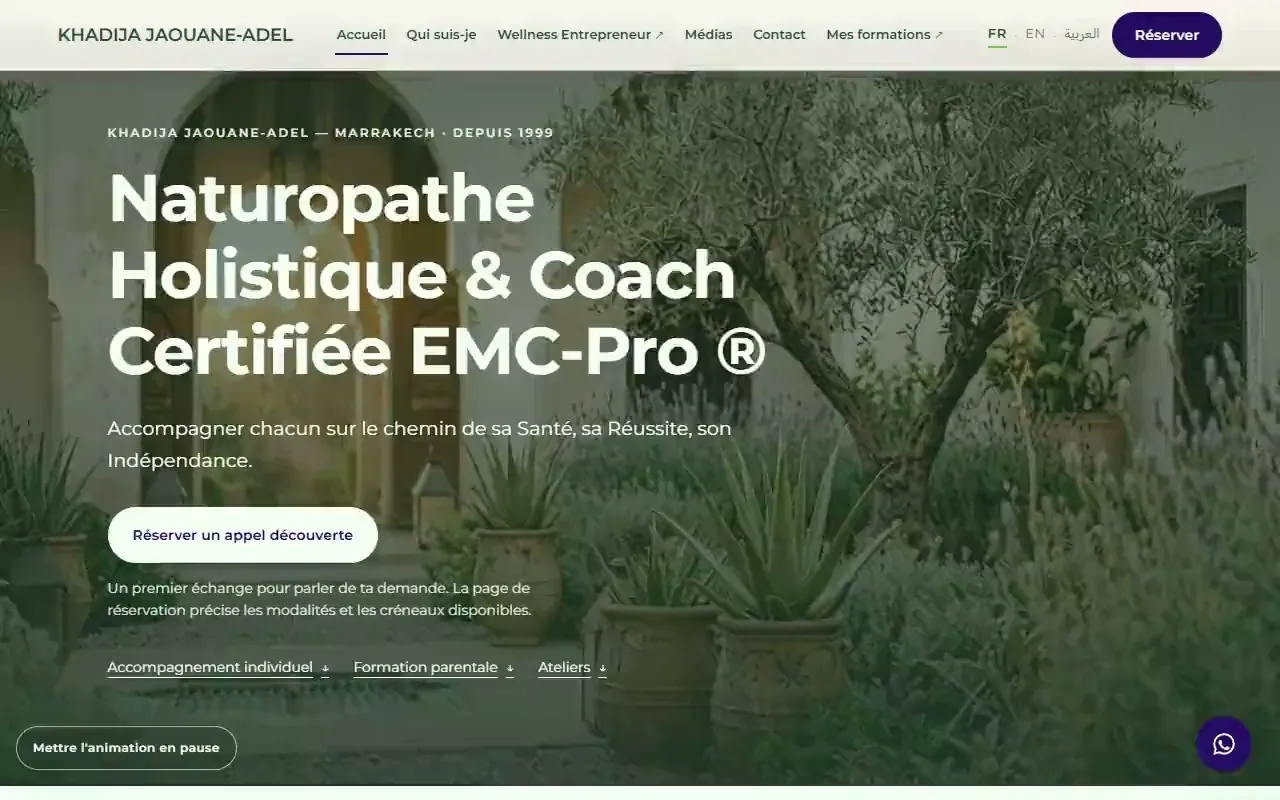Khadija Jaouane-Adel website with its courtyard film, French introduction and appointment action.