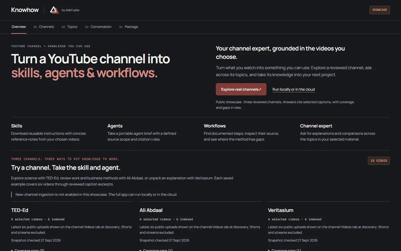 Knowhow overview with three reviewed channels and a topic notebook.