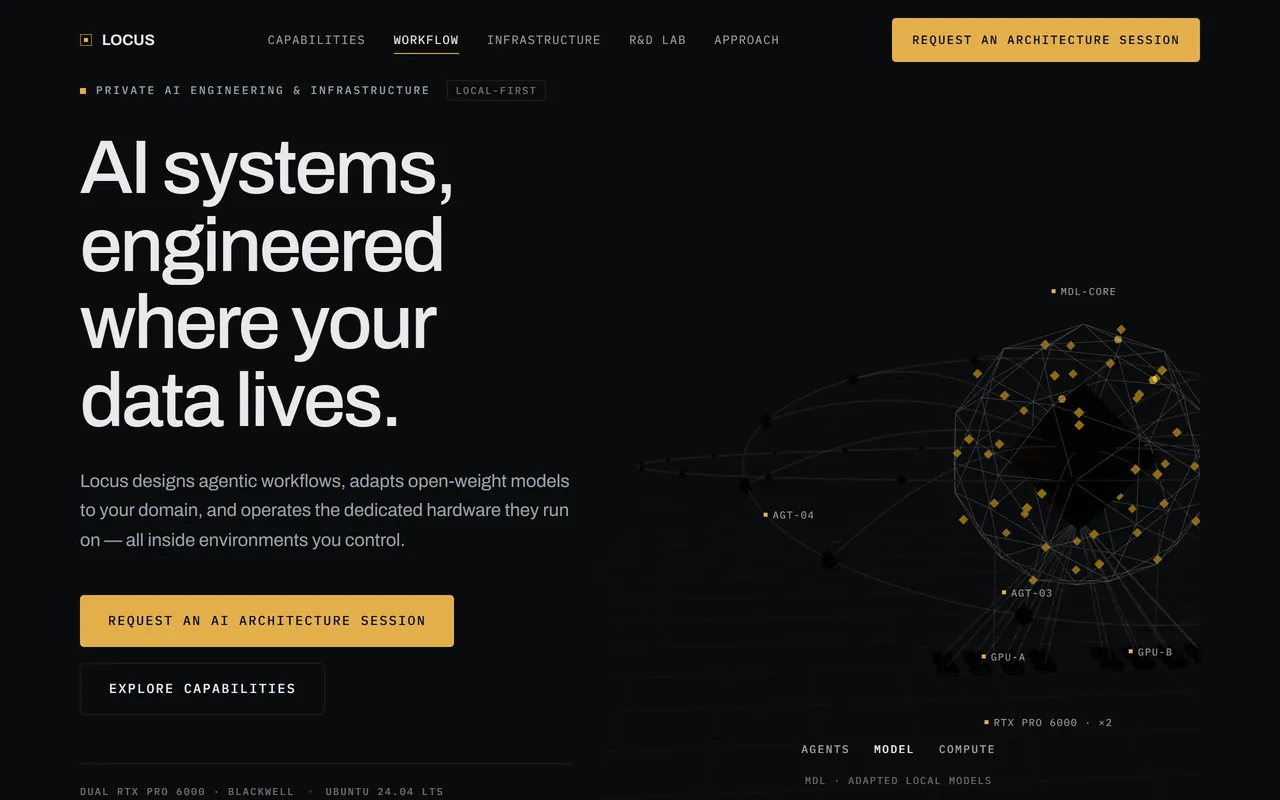 Locus website with its architecture diagram linking agents, models and compute beside the opening proposition.