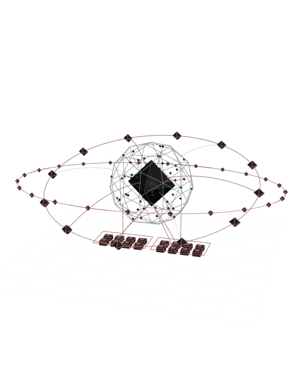 Orbital schematic connecting research, design, engineering and applied AI around a digital product.