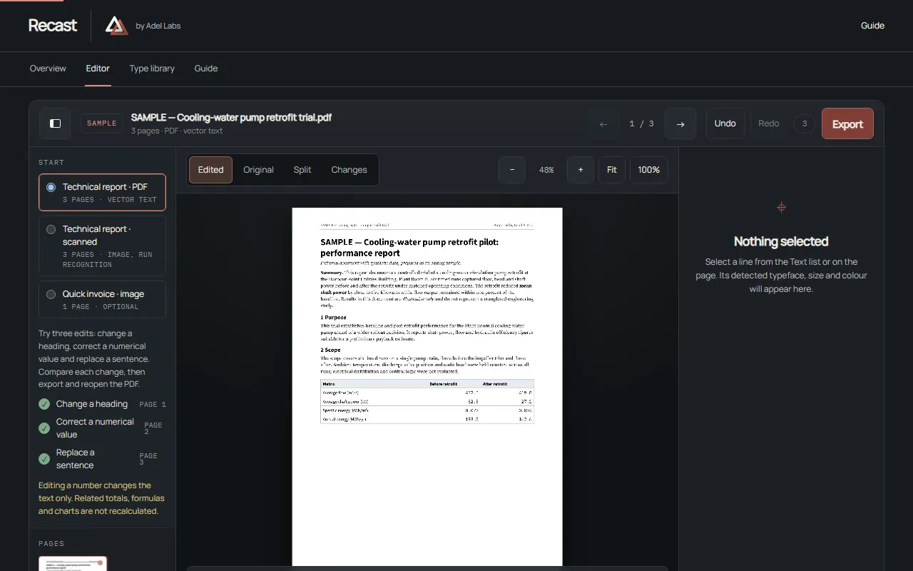 Recast SAMPLE document with a selected heading, replacement controls and the edited-page comparison.