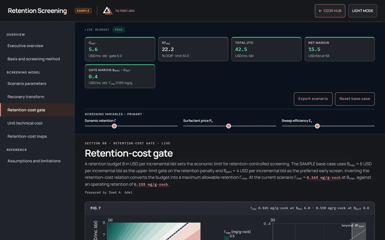 Retention-cost screening with adjustable retention and surfactant price, scenario readouts and the cost-gate plots.