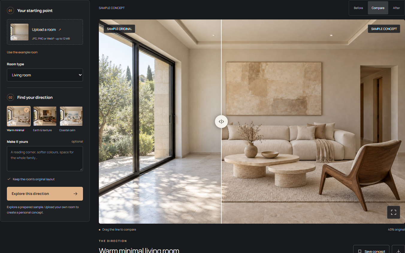 Roomform design controls beside a before/after comparison of the prepared SAMPLE living room.