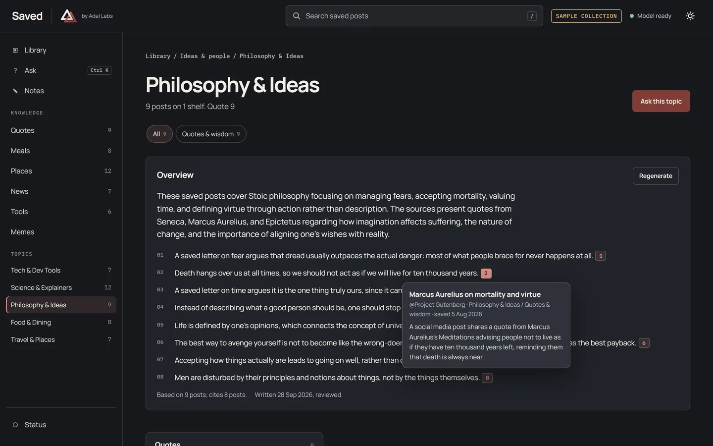 Saved, SAMPLE collection: the Philosophy & Ideas topic overview, full frame.