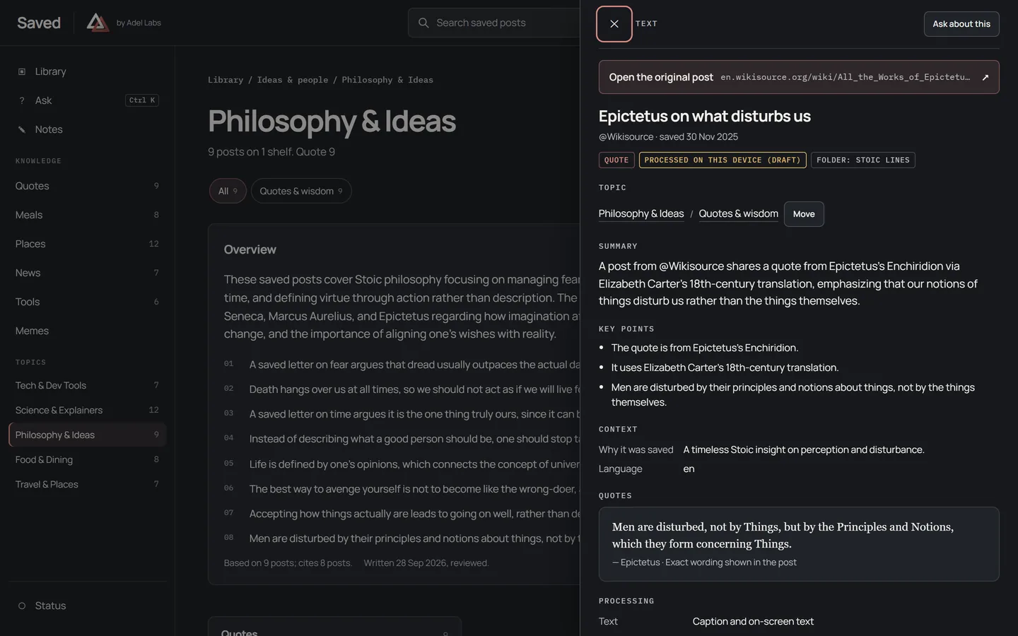 Saved, SAMPLE collection: a post opened in the side panel, with its original link, draft label, exact quote and processing details.