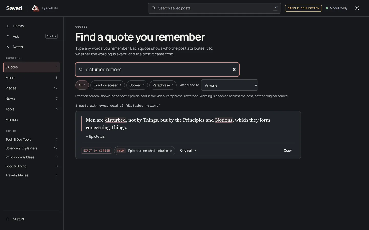 Saved, SAMPLE collection: the Quotes view finding Epictetus's line from the words "disturbed notions", marked as exact wording.