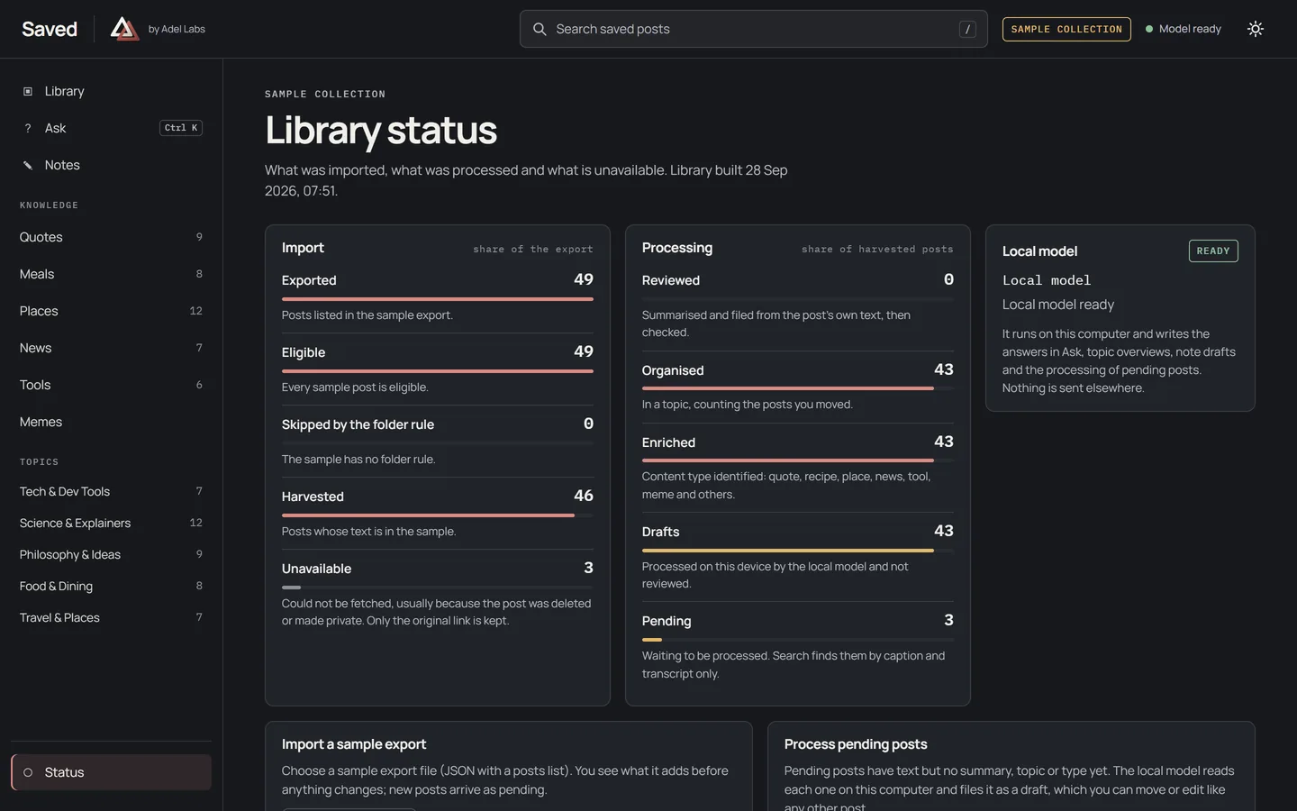 Saved, SAMPLE collection: the status page with import and processing counts and the local model marked ready.