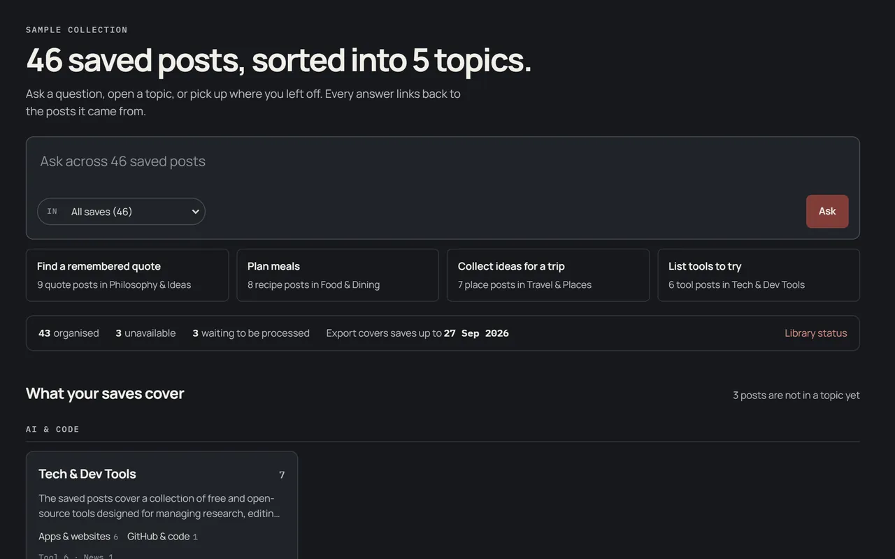 Saved, SAMPLE collection: the library home with the question box, task prompts and status strip.