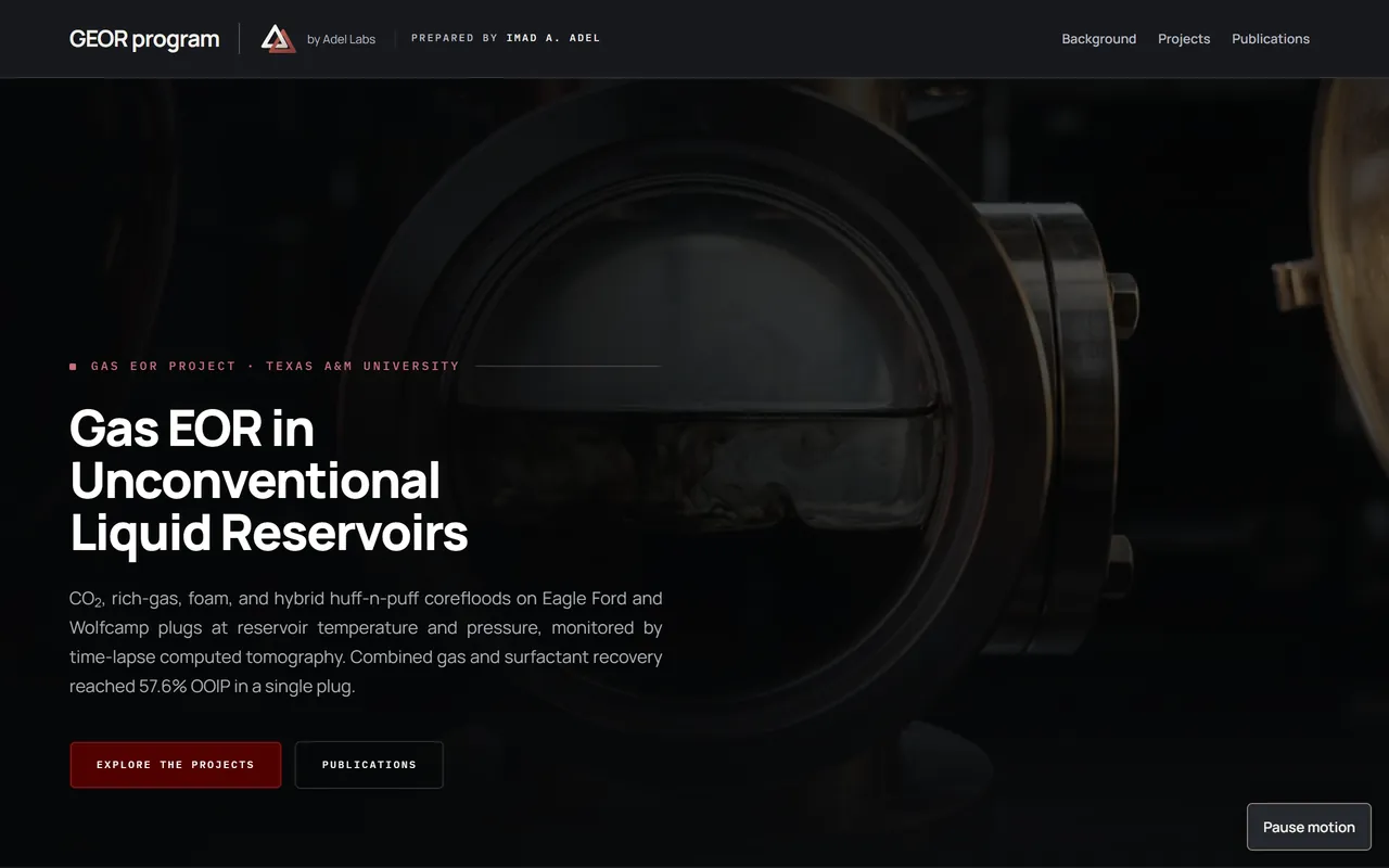 Gas EOR Project opening page with a circular laboratory-apparatus film and the unconventional-reservoir research introduction.