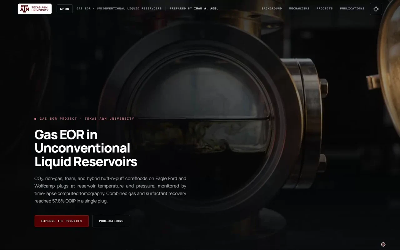 Gas EOR Project opening page with a circular laboratory-apparatus film and the unconventional-reservoir research introduction.