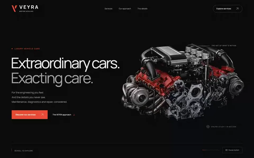 VEYRA Motor Atelier concept website with an exploded engine, workshop introduction and service action.