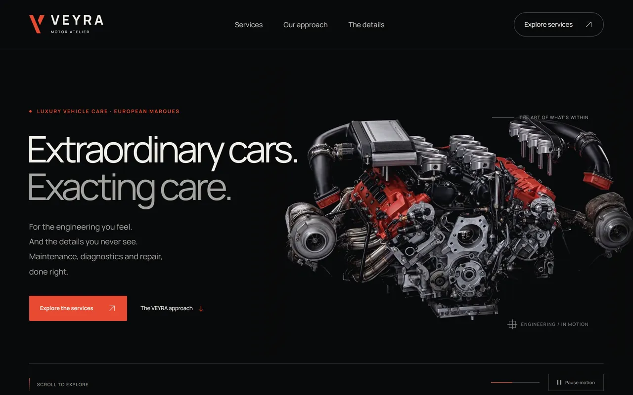 VEYRA Motor Atelier concept website with an exploded engine, workshop introduction and service action.