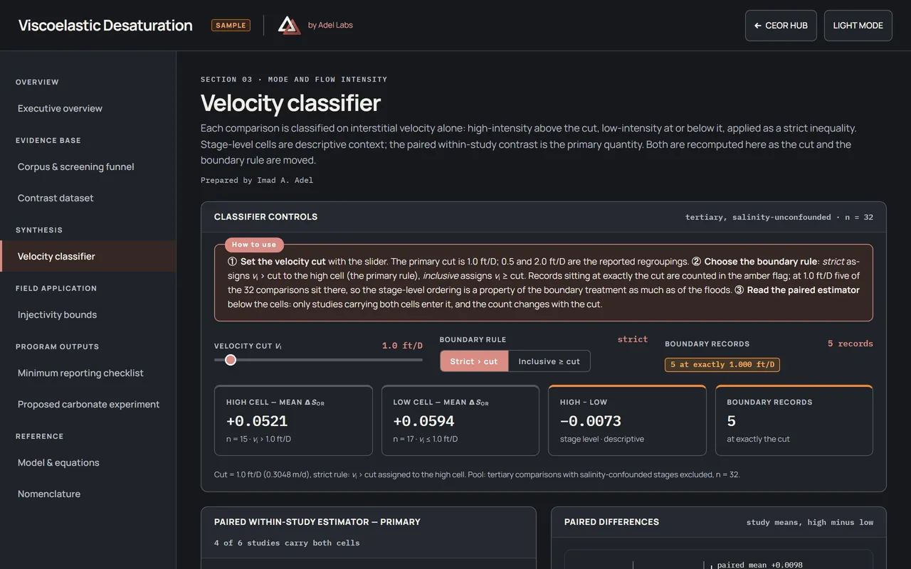 Viscoelastic-polymer report with the adjustable velocity classifier, contrast results and paired-difference plot.